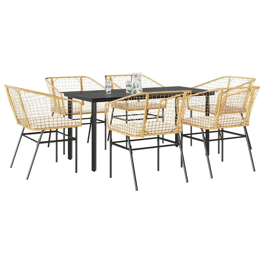 7-Delige Tuinset Met Kussens Poly Rattan Glas 6 160 x 80 x 74 cm Bruin en crèmewit