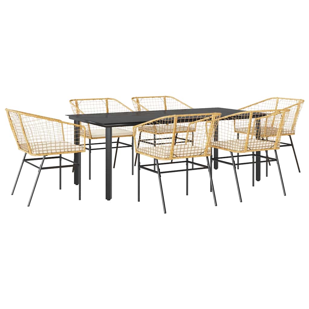7-Delige Tuinset Met Kussens Poly Rattan Glas 6 200 x 100 x 74 cm Bruin en crèmewit