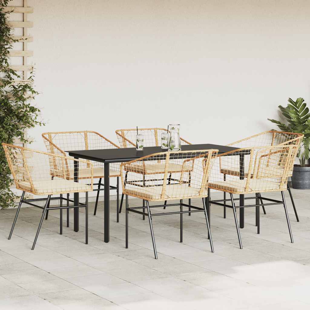 7-Delige Tuinset Met Kussens Poly Rattan Glas 6 200 x 100 x 74 cm Bruin en crèmewit