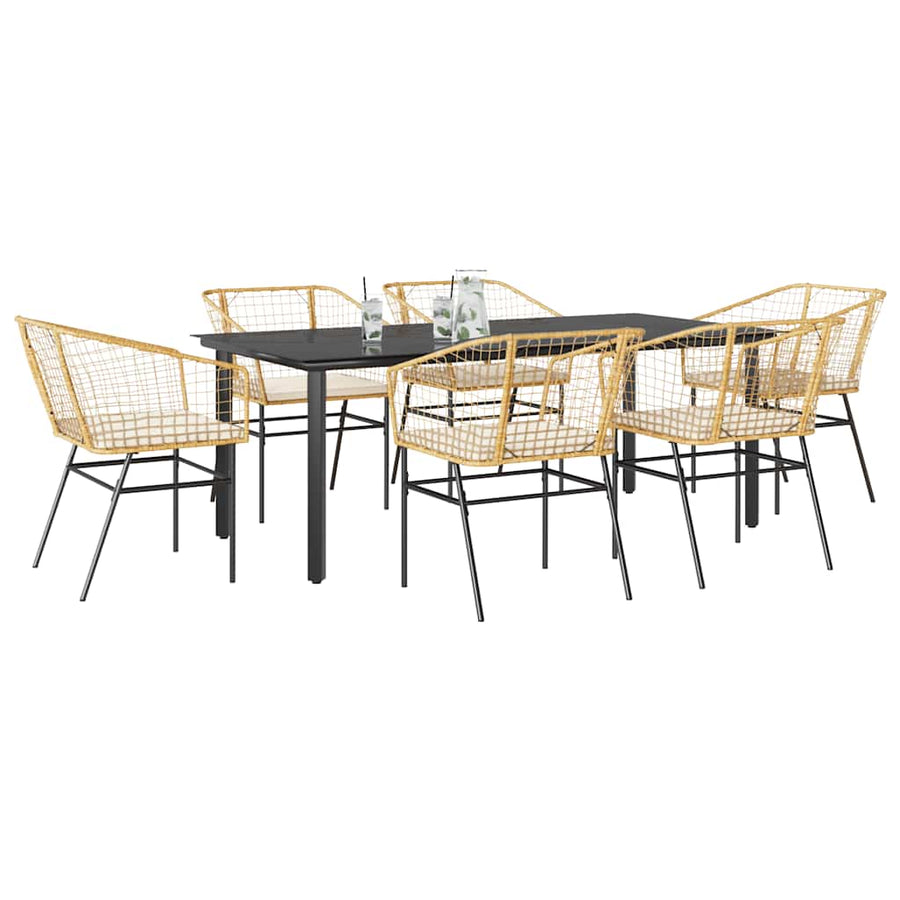 7-Delige Tuinset Met Kussens Poly Rattan Glas 6 200 x 100 x 74 cm Bruin en crèmewit