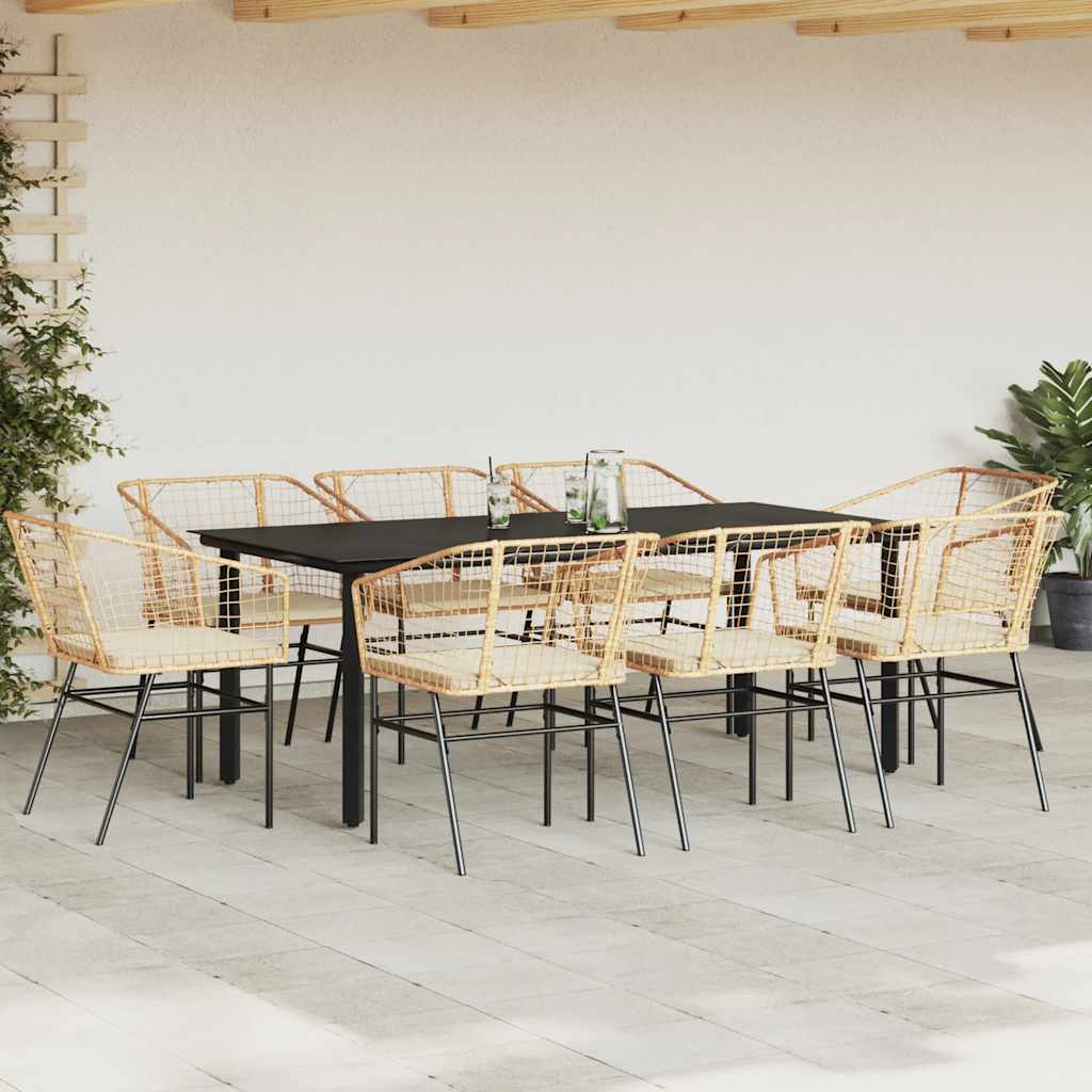 9-Delige Tuinset Met Kussens Poly Rattan Glas 8 200 x 100 x 74 cm Bruin en crèmewit