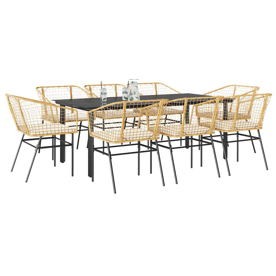 9-Delige Tuinset Met Kussens Poly Rattan Glas 8 200 x 100 x 74 cm Bruin en crèmewit