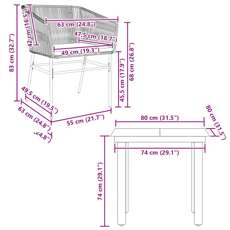 3-Delige Tuinset Met Kussens Poly Rattan Glas 2 80 x 80 x 74 cm Grijs
