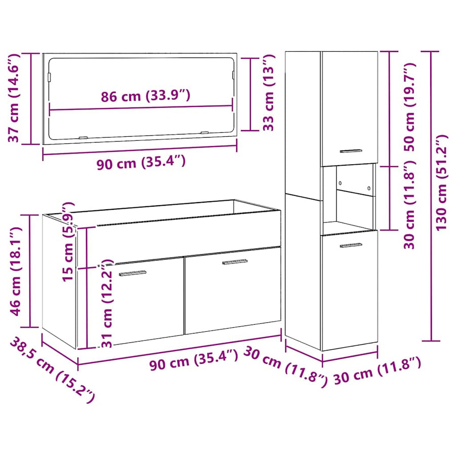 3-Delige Badkamermeubelset Zwarte Eik Gefabriceerd Hout 90 x 38.5 x 46 cm Zwart eiken