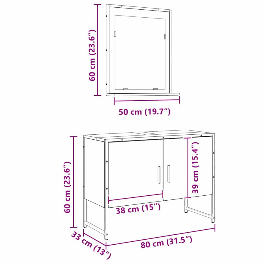 Badkamermeubelset Wandgemonteerd 2 pcs Bruin Bewerkt hout