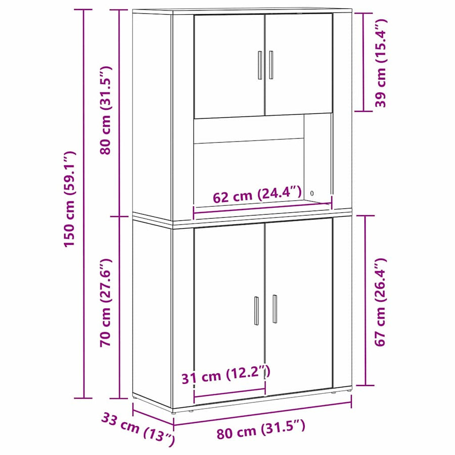 Hoge kast Zwart Eiken 80 x 33 x 150 cm Bewerkt hout