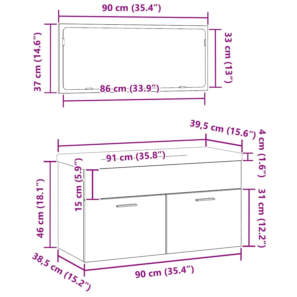 Badkamermeubelset Wandgemonteerd 3 pcs Zwart Eiken Bewerkt hout