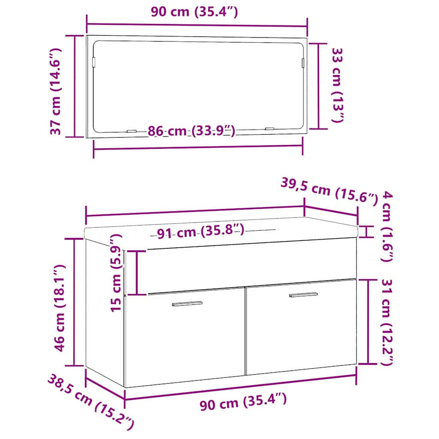 Badkamermeubelset Wandgemonteerd 3 pcs Zwart Eiken Bewerkt hout