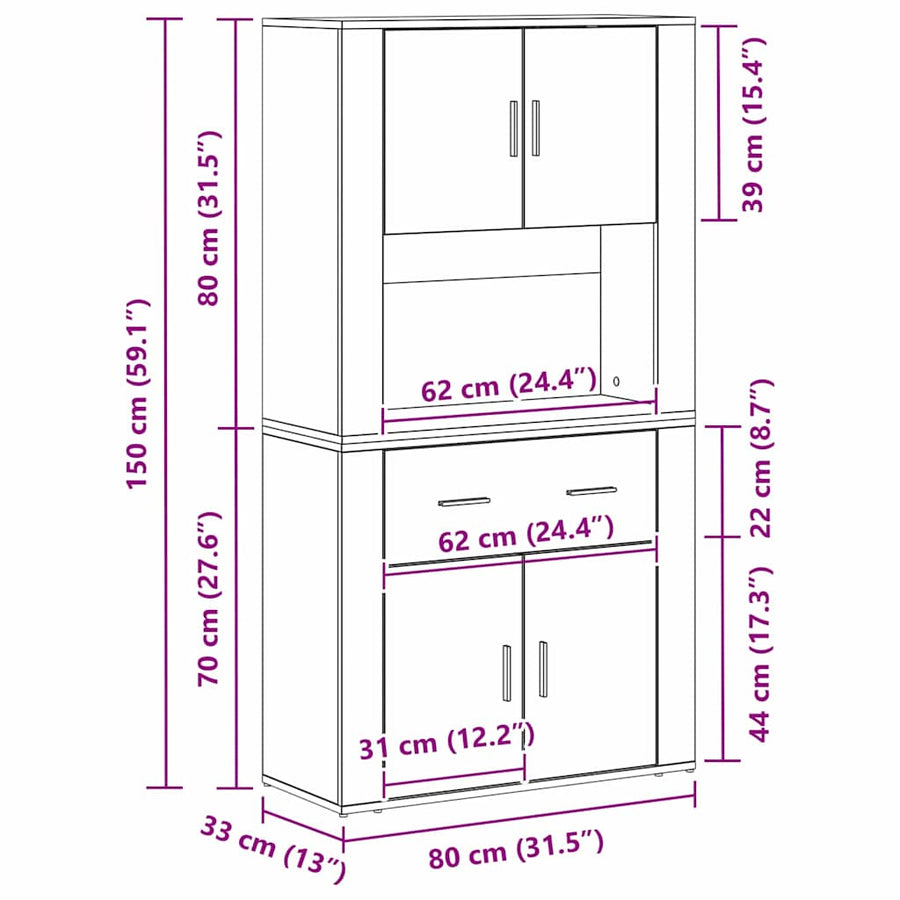 Highboard met lade Zwart eiken 80 x 33 x 150 cm Bewerkt hout
