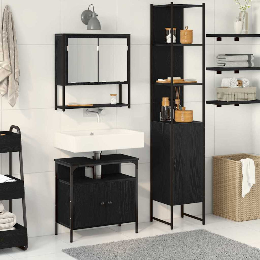 Badkamermeubelset met plank 3 pcs Zwart Eiken Bewerkt hout
