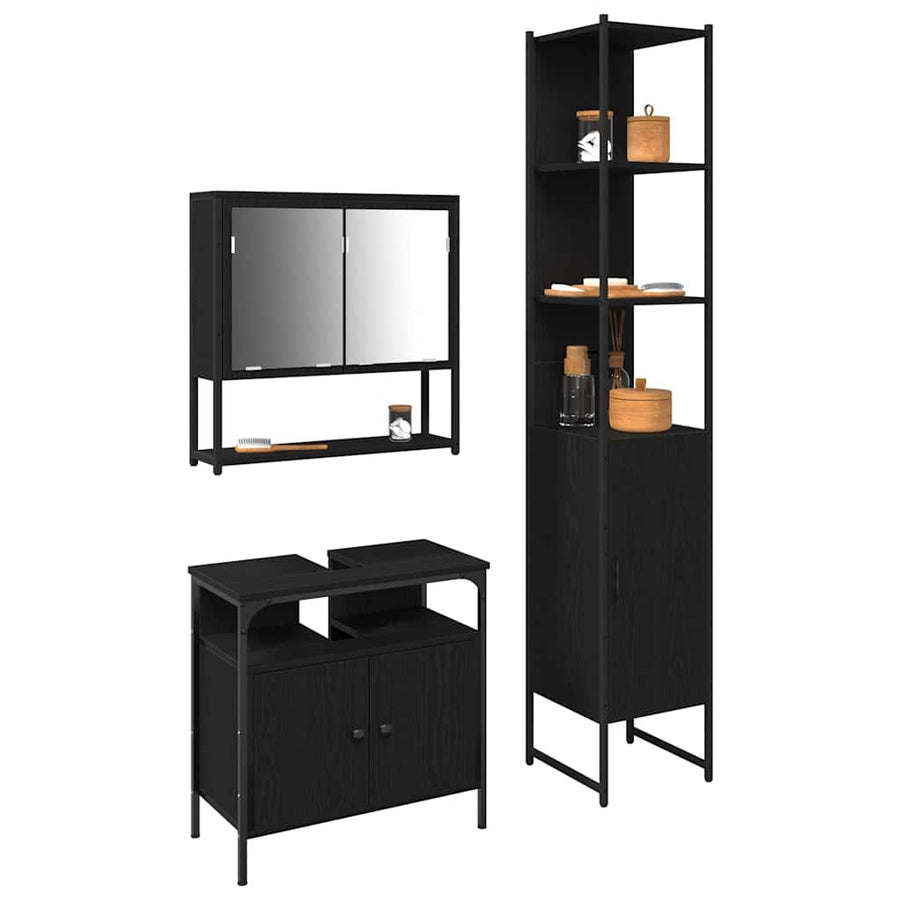 Badkamermeubelset met plank 3 pcs Zwart Eiken Bewerkt hout