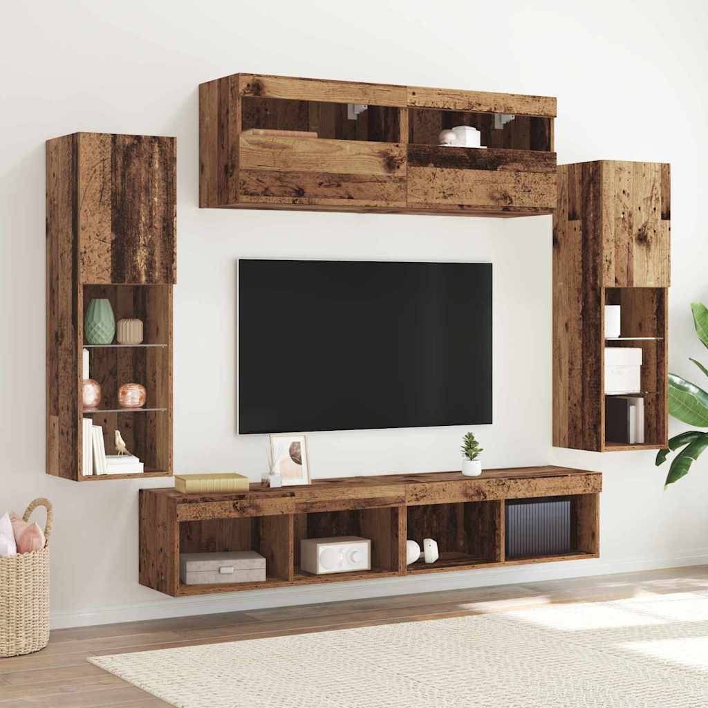 Tv-meubelset met LED-striplichten 6 pcs Oud hout Bewerkt hout