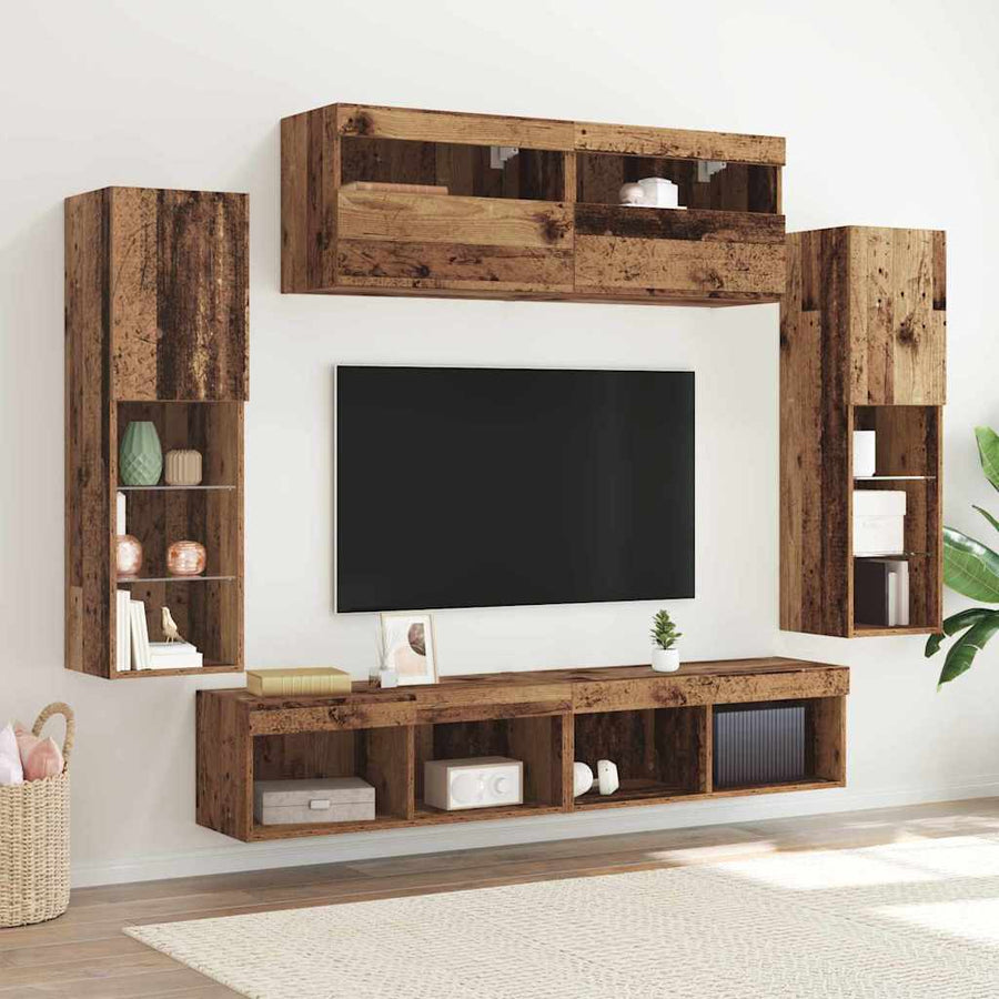 Tv-meubelset met LED-striplichten 6 pcs Oud hout Bewerkt hout