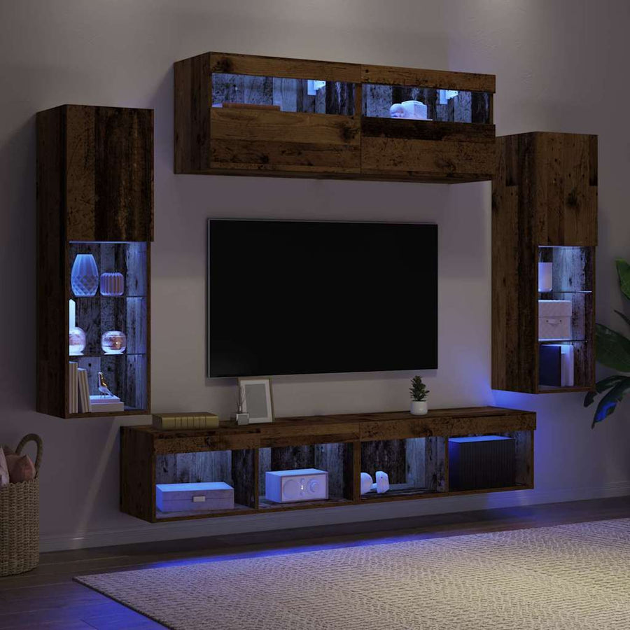 Tv-meubelset met LED-striplichten 6 pcs Oud hout Bewerkt hout