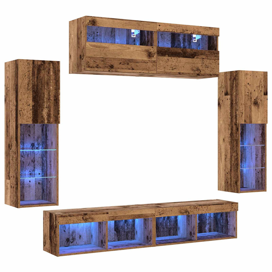 Tv-meubelset met LED-striplichten 6 pcs Oud hout Bewerkt hout