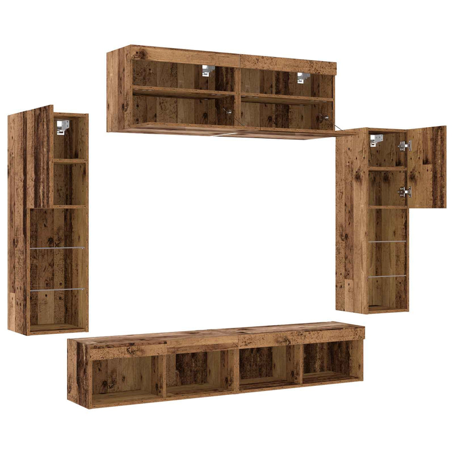 Tv-meubelset met LED-striplichten 6 pcs Oud hout Bewerkt hout