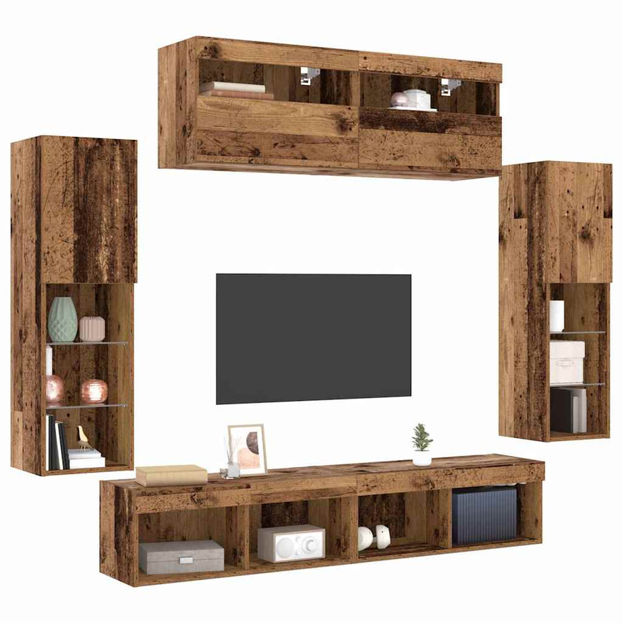 Tv-meubelset met LED-striplichten 6 pcs Oud hout Bewerkt hout