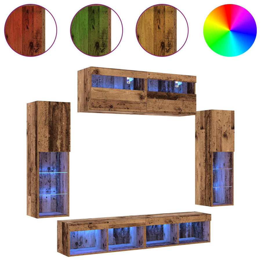 Tv-meubelset met LED-striplichten 6 pcs Oud hout Bewerkt hout
