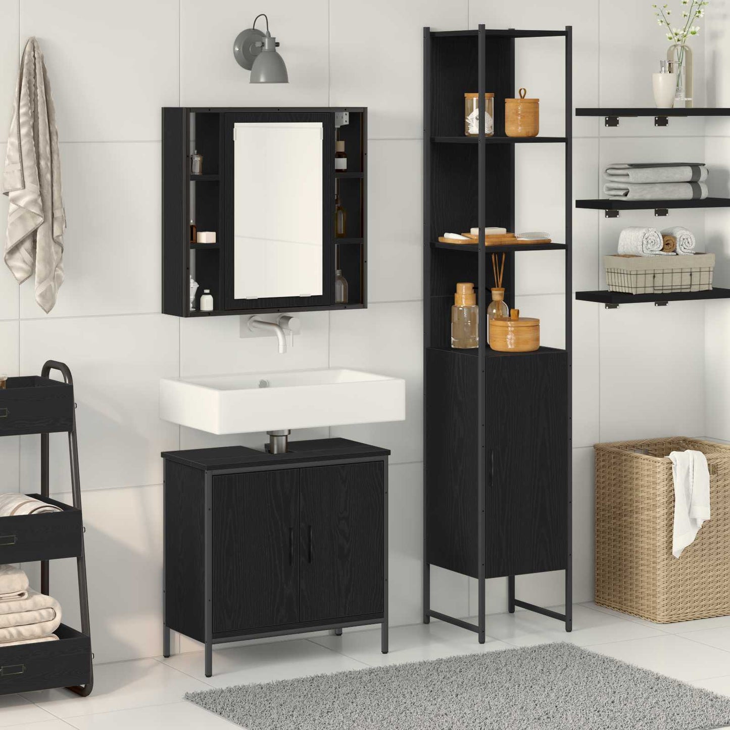 Badkamermeubels met plank met opslag 3 pcs Zwart Bewerkt hout