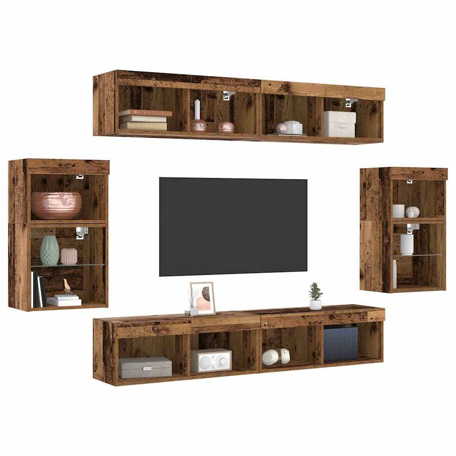 Tv-meubelset met LED-striplichten 8 pcs Oud hout Bewerkt hout