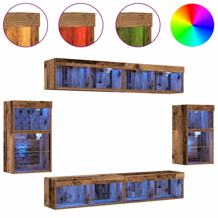 Tv-meubelset met LED-striplichten 8 pcs Oud hout Bewerkt hout