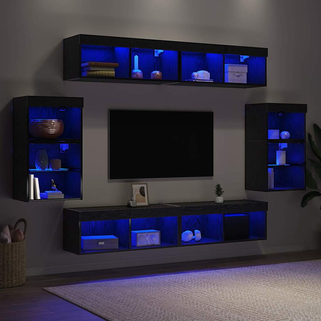 Tv-meubelset Wandgemonteerd 8 pcs Zwart eiken Bewerkt hout