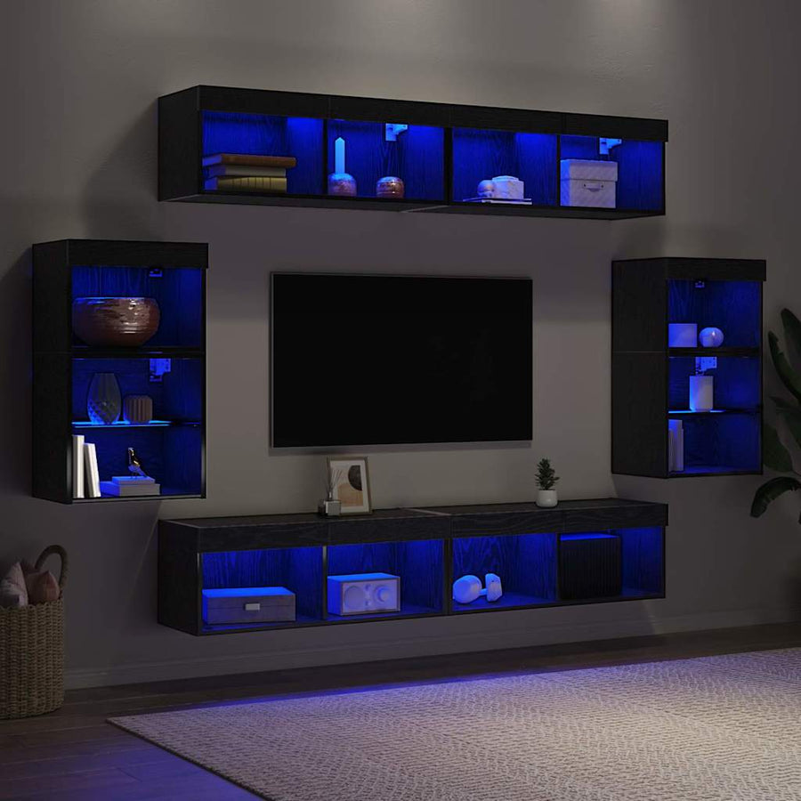 Tv-meubelset Wandgemonteerd 8 pcs Zwart eiken Bewerkt hout