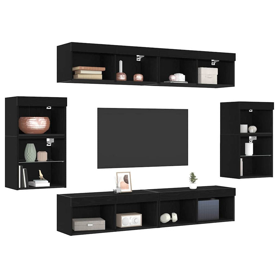 Tv-meubelset Wandgemonteerd 8 pcs Zwart eiken Bewerkt hout