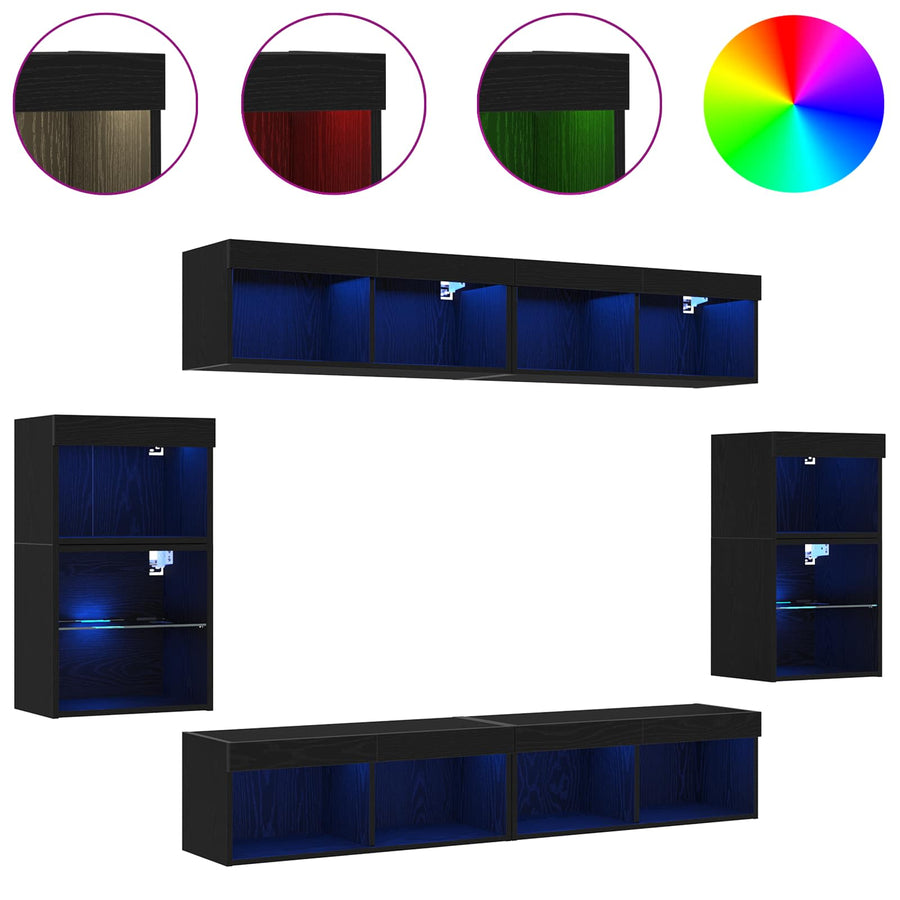 Tv-meubelset Wandgemonteerd 8 pcs Zwart eiken Bewerkt hout