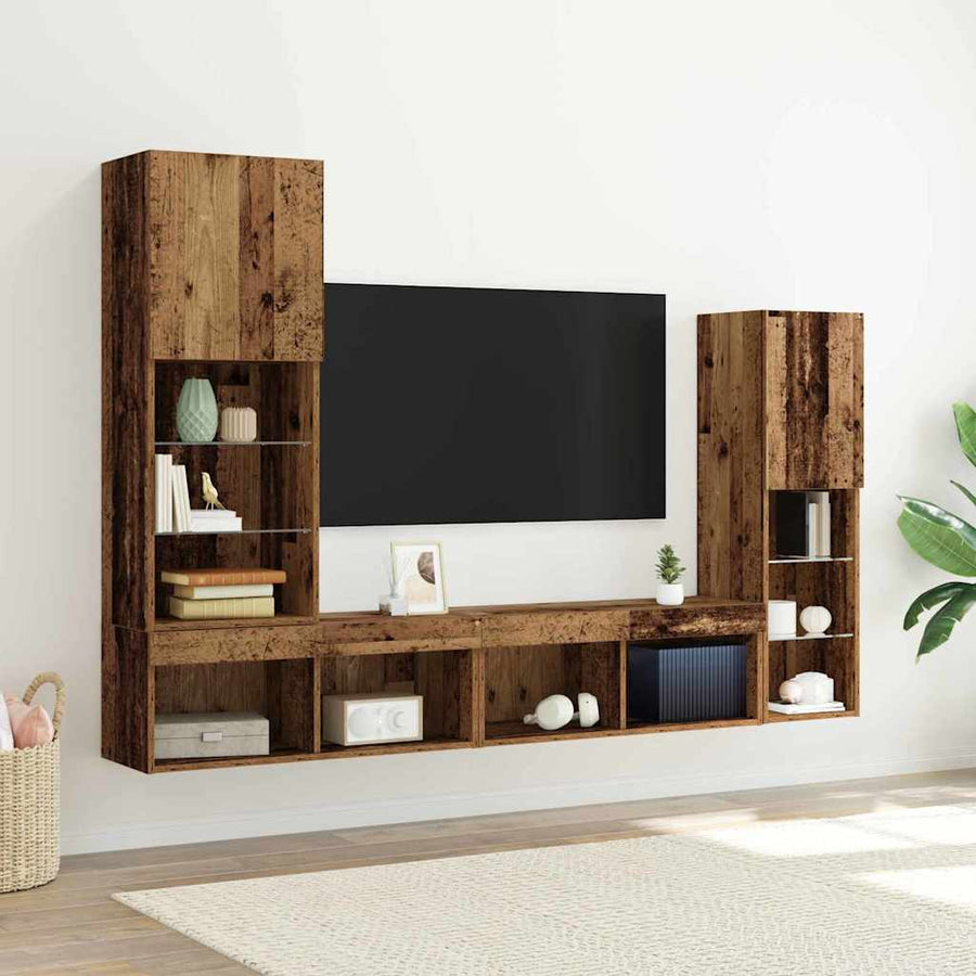 TV-kast met LED-striplichten 4 pcs Oud hout Bewerkt hout