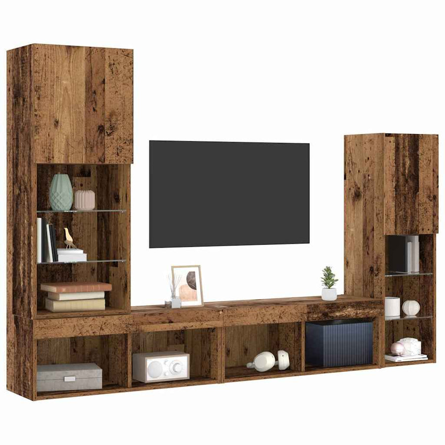 TV-kast met LED-striplichten 4 pcs Oud hout Bewerkt hout
