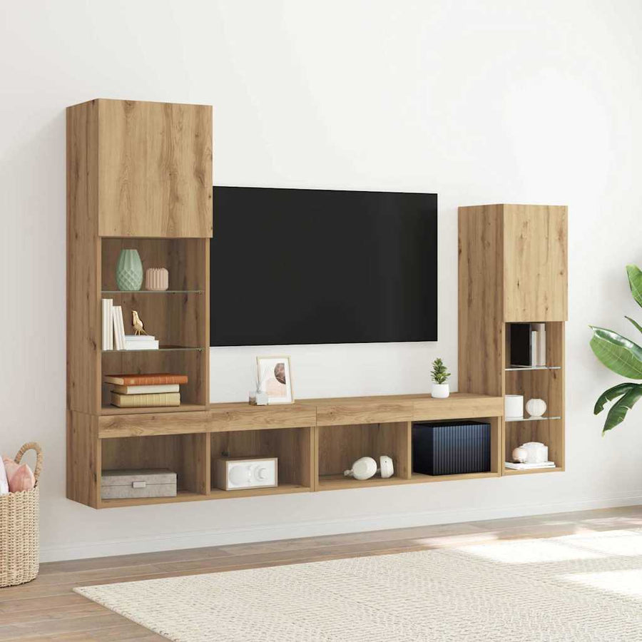TV-kast 4 pcs artisanaal eikenkleurig Bewerkt hout
