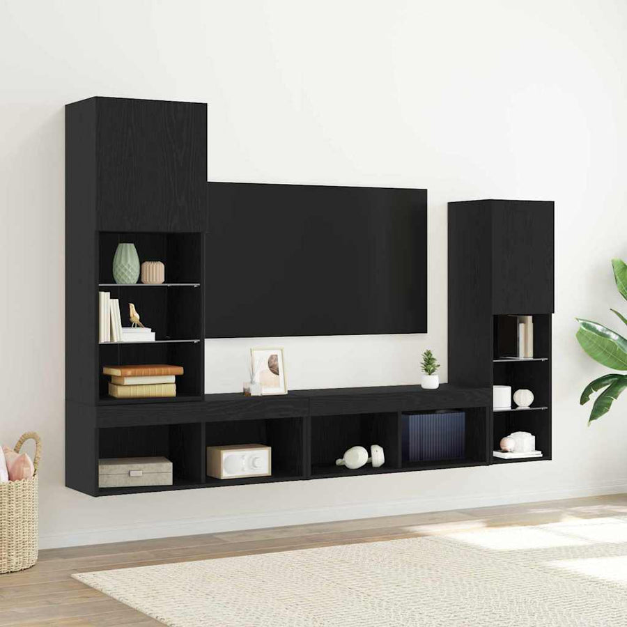 TV-kast met LED-striplichten 4 pcs Zwart eiken Bewerkt hout