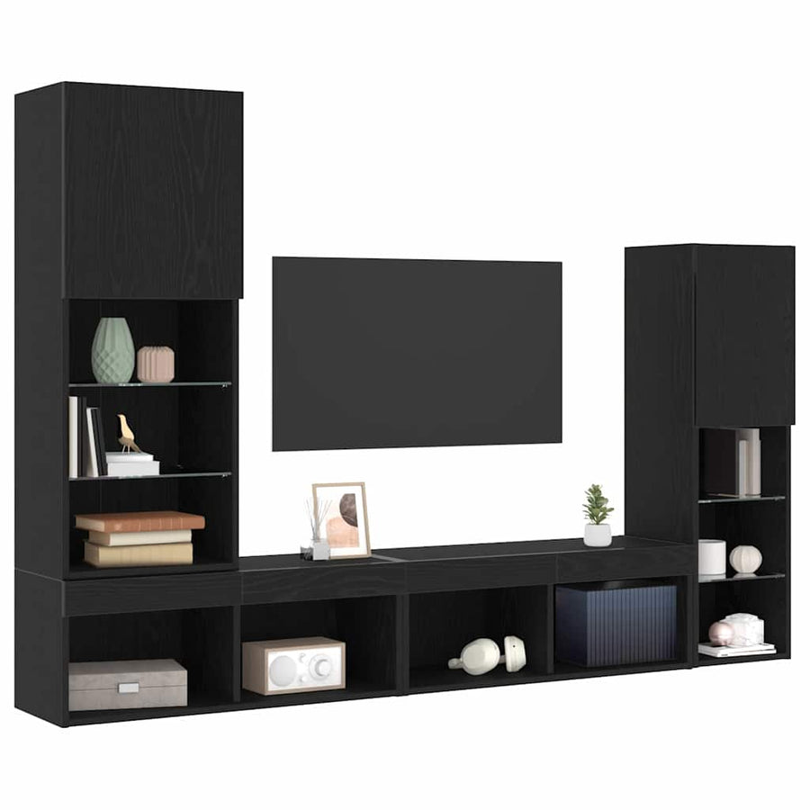 TV-kast met LED-striplichten 4 pcs Zwart eiken Bewerkt hout