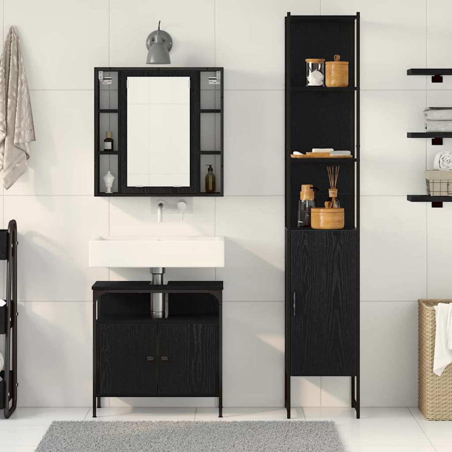 Badkamermeubelset met plank 3 pcs Zwart Eiken Bewerkt hout