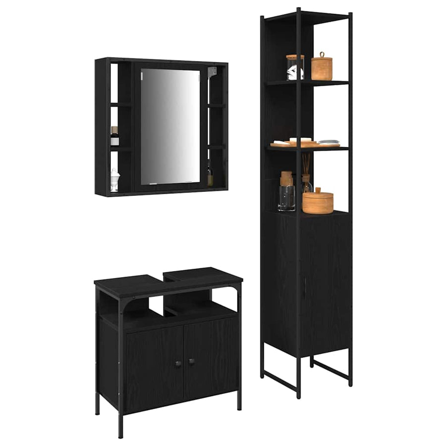 Badkamermeubelset met plank 3 pcs Zwart Eiken Bewerkt hout