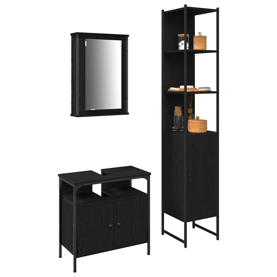 Badkamermeubelset met plank 3 pcs Zwart Eiken Bewerkt hout