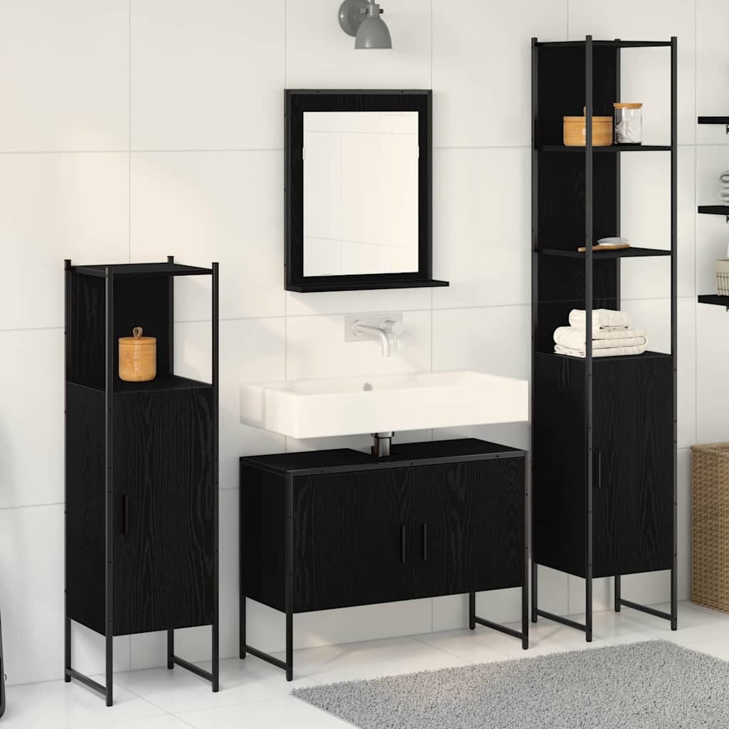 Badkamermeubelset met plank met opslag 4 pcs Zwart Bewerkt hout