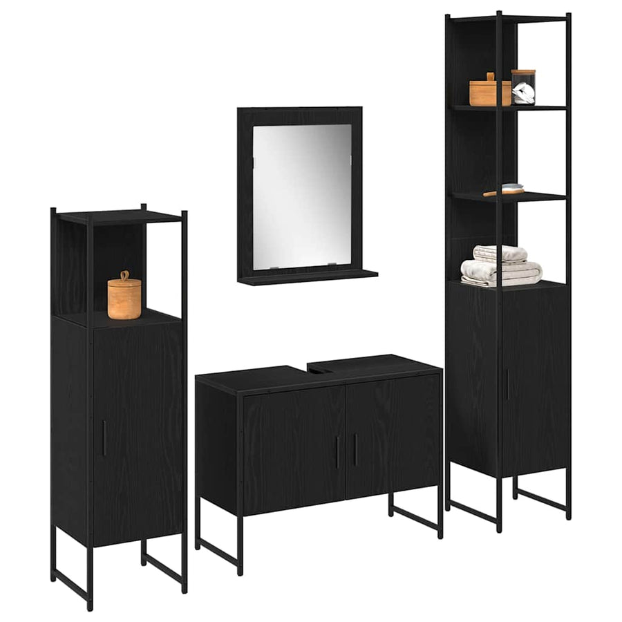 Badkamermeubelset met plank met opslag 4 pcs Zwart Bewerkt hout