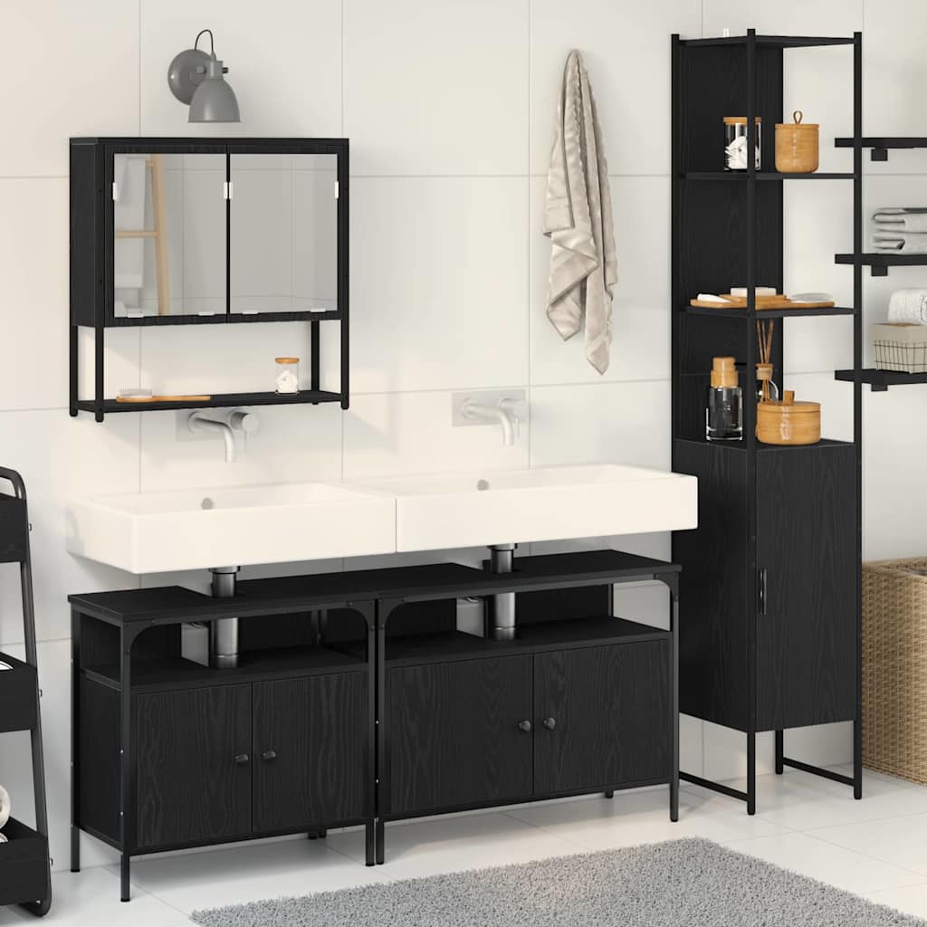 Badkamermeubelset met plank 4 pcs Zwart eiken Bewerkt hout
