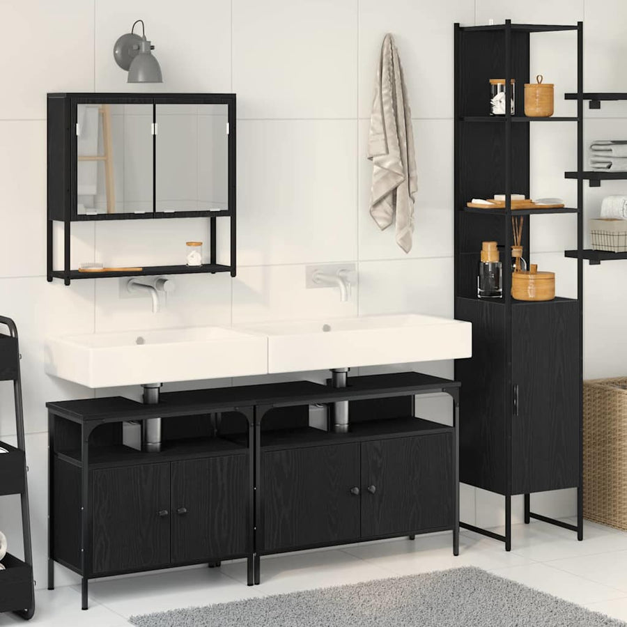 Badkamermeubelset met plank 4 pcs Zwart eiken Bewerkt hout