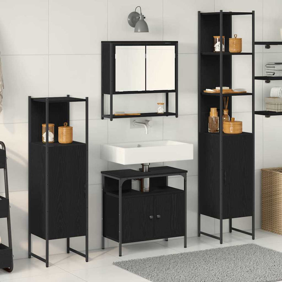 Badkamermeubelset met plank 4 pcs Zwart Eiken Bewerkt hout