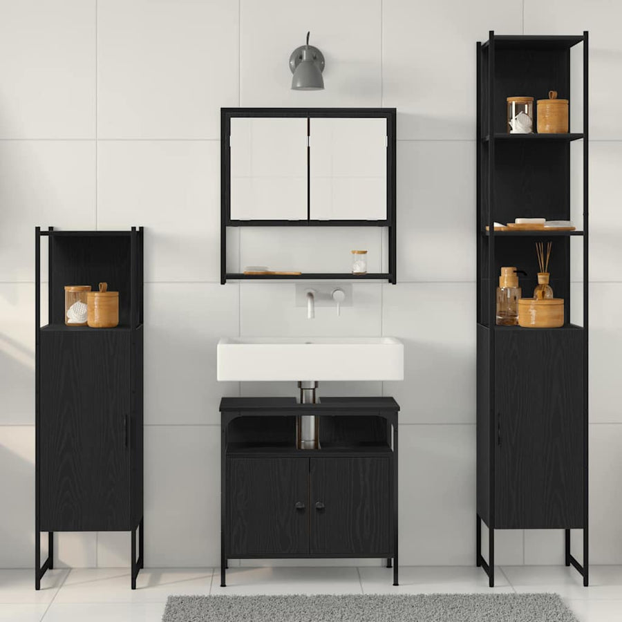 Badkamermeubelset met plank 4 pcs Zwart Eiken Bewerkt hout