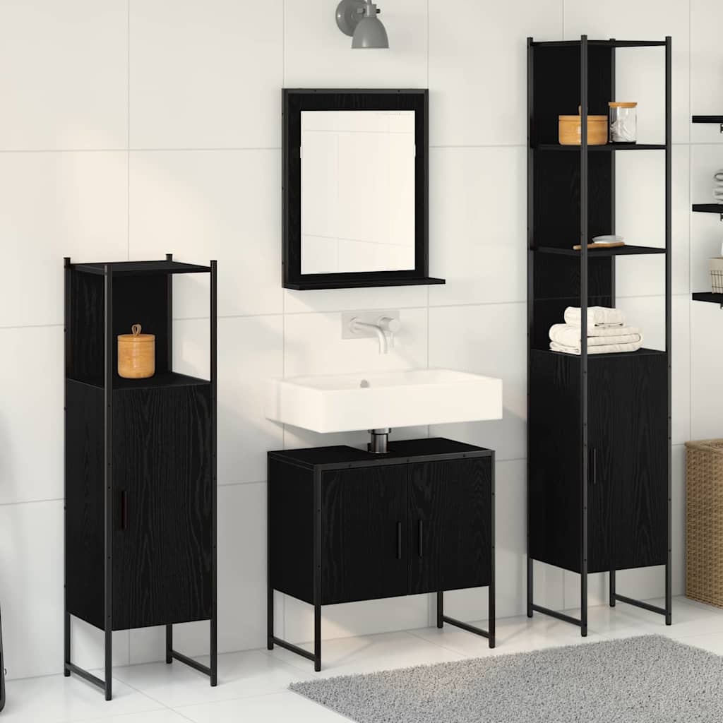 Badkamermeubelset met plank met opslag 4 pcs Zwart Bewerkt hout