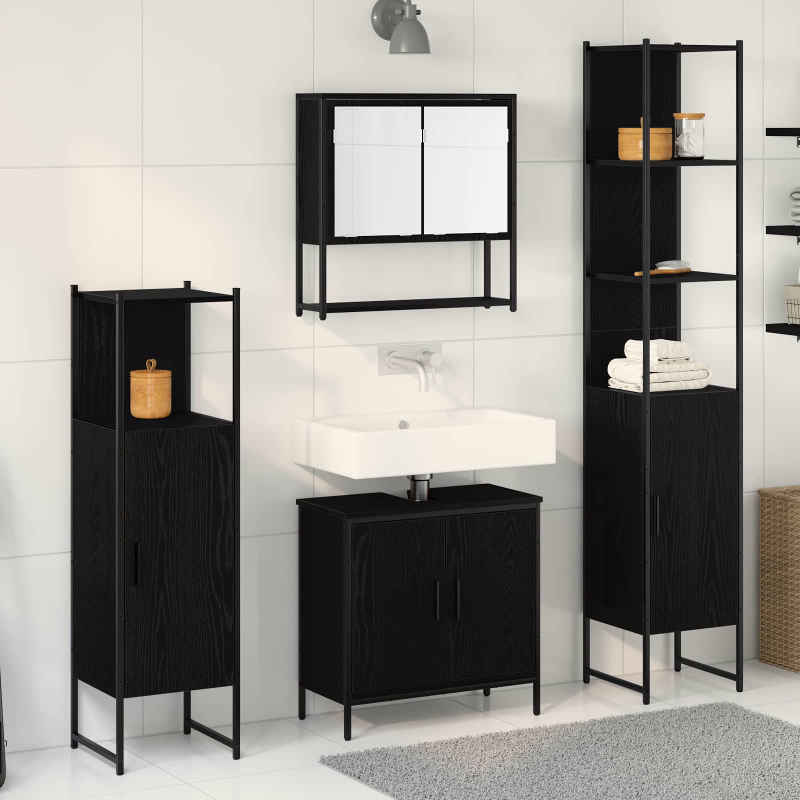 Badkamermeubelset met plank met opslag 4 pcs Zwart Bewerkt hout