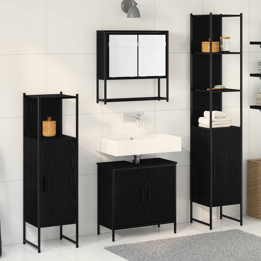 Badkamermeubelset met plank met opslag 4 pcs Zwart Bewerkt hout