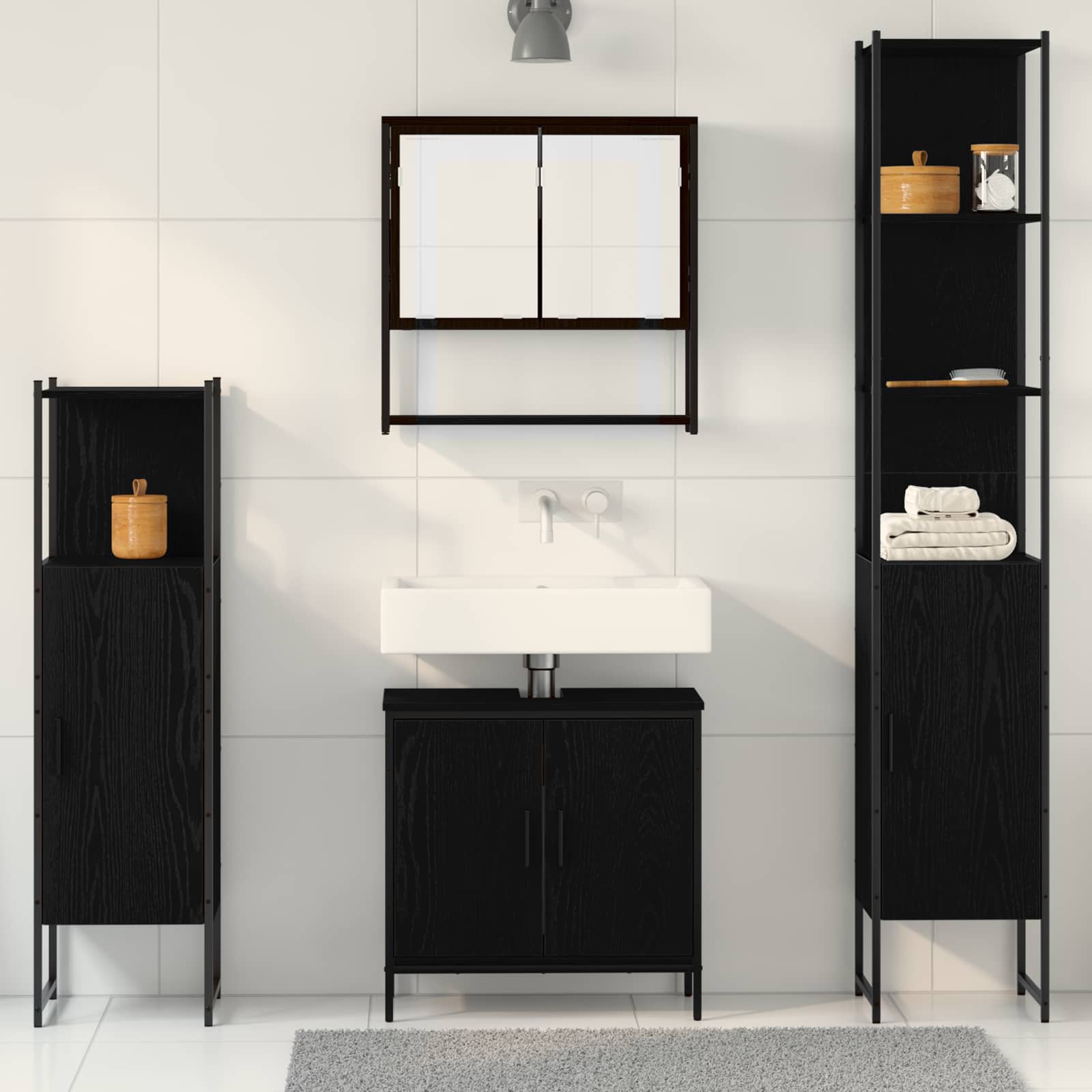 Badkamermeubelset met plank met opslag 4 pcs Zwart Bewerkt hout
