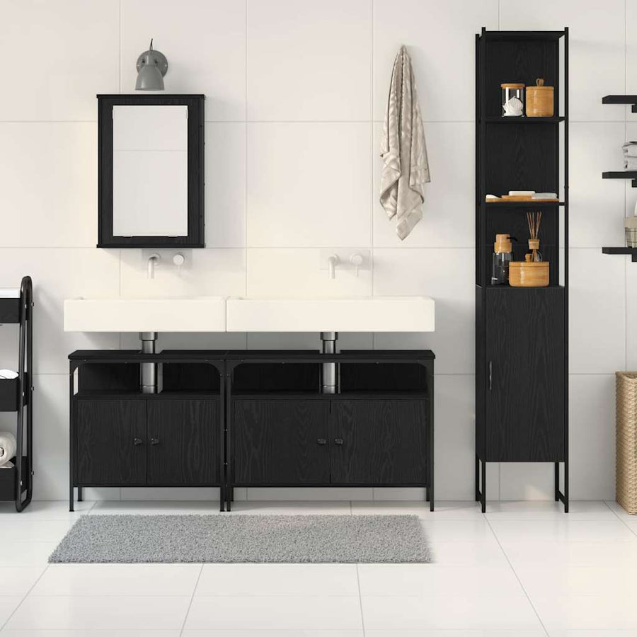 Badkamermeubelset met plank 4 pcs Zwart Eiken Bewerkt hout