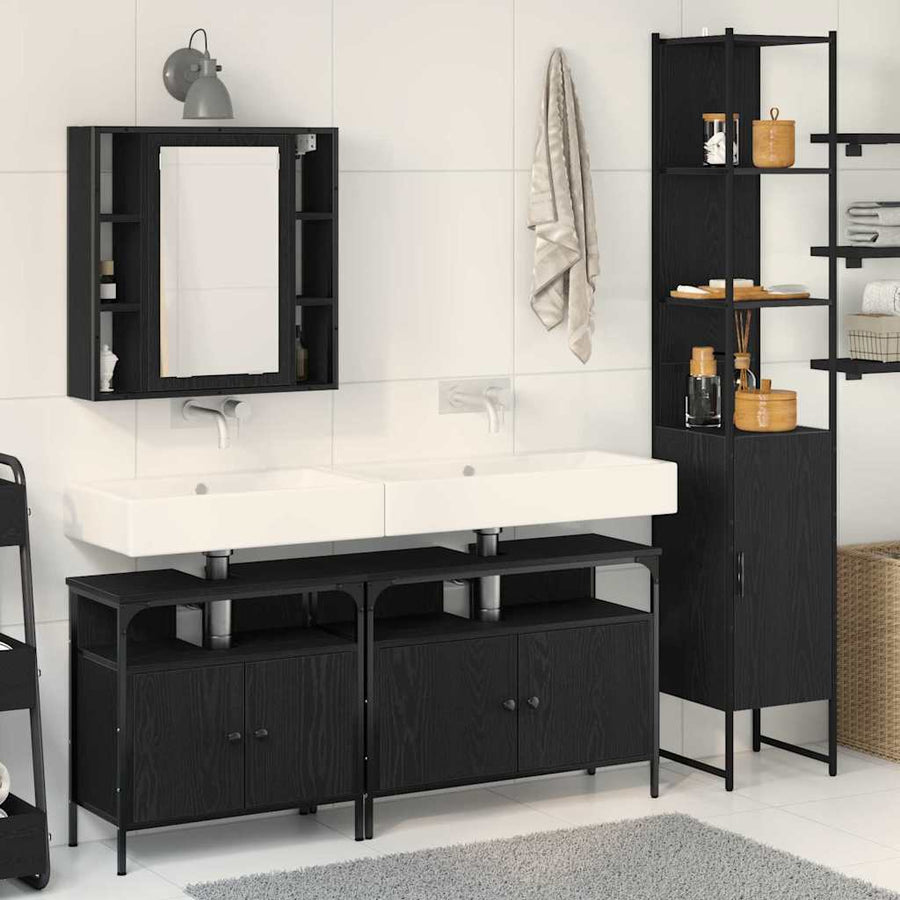Badkamermeubelset met plank 4 pcs Zwart Eiken Bewerkt hout