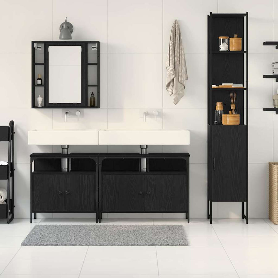Badkamermeubelset met plank 4 pcs Zwart Eiken Bewerkt hout